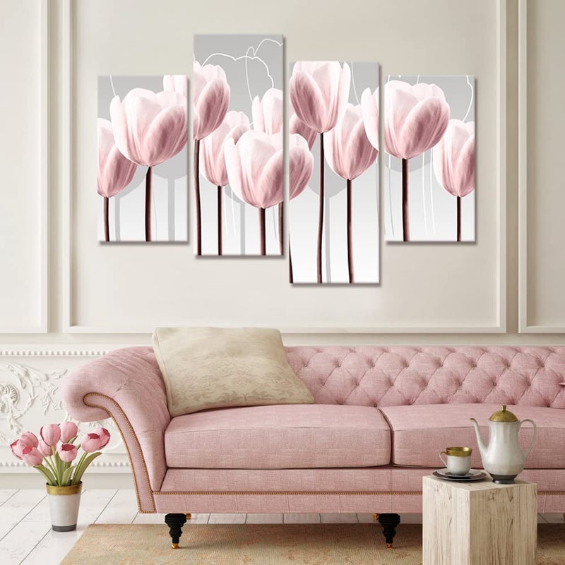 Visual Art Decor Floral Canvas Wall Art Pink Tulip Wall Decor, Pink Flower Painting Living Room Bedroom Home Wall Decoration Framed Artwork 34inx48in - Image 3